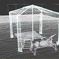 Pink Striped Beach Gazebo With Wooden Loungers And Coffee Table